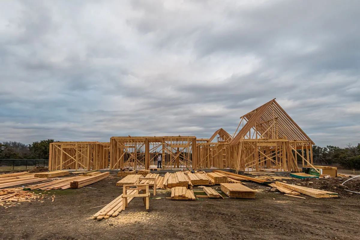 Wood framing of a new house on a slab site in Fort Worth, Texas